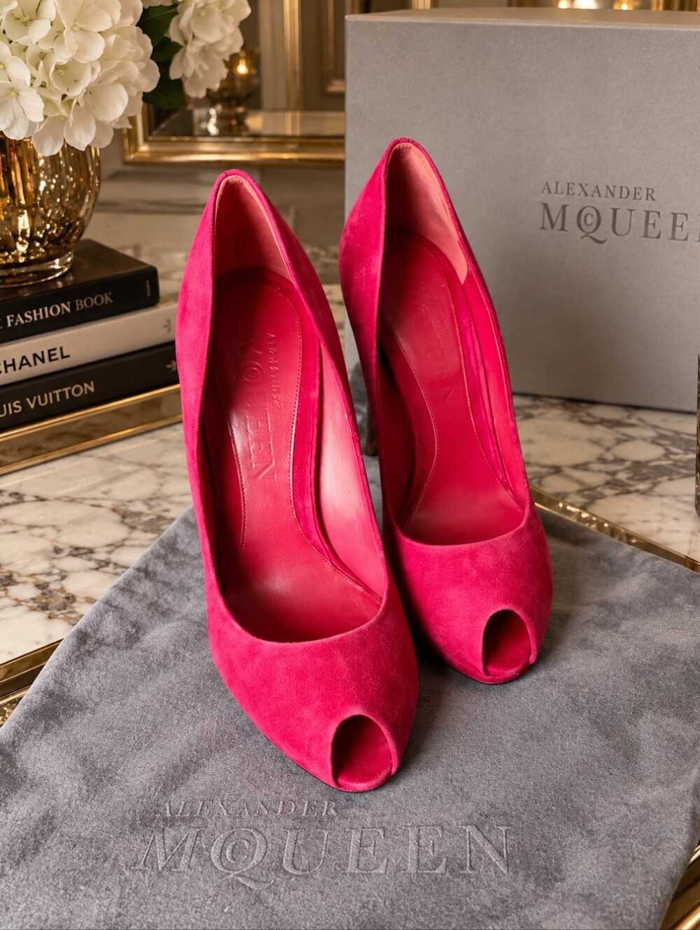Alexander McQueen Hot Pink / Red Suede Peep-Toe Pumps